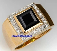 Natural Black Onyx & CZ Gemstones 925 Sterling Silver Gold Plated Men's Ring #99
