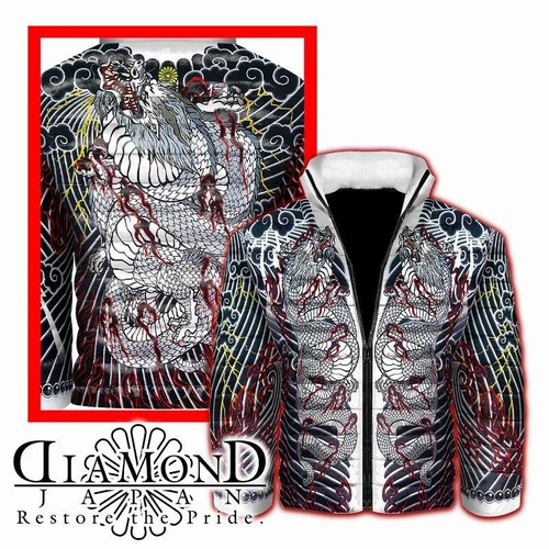 Japanese Tatoo Ptn of White Dragon Men's Soft Boa Padded Jacket Size Selectable - product listing photo