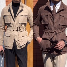 Vintage Men's Safari Jacket with Belt Four Pockets Outdoor Leisure Hunting Coat