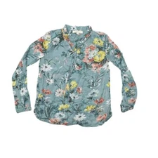 Loft Green Cotton Blouse XS - Floral Garden Long Sleeve Light Fabric