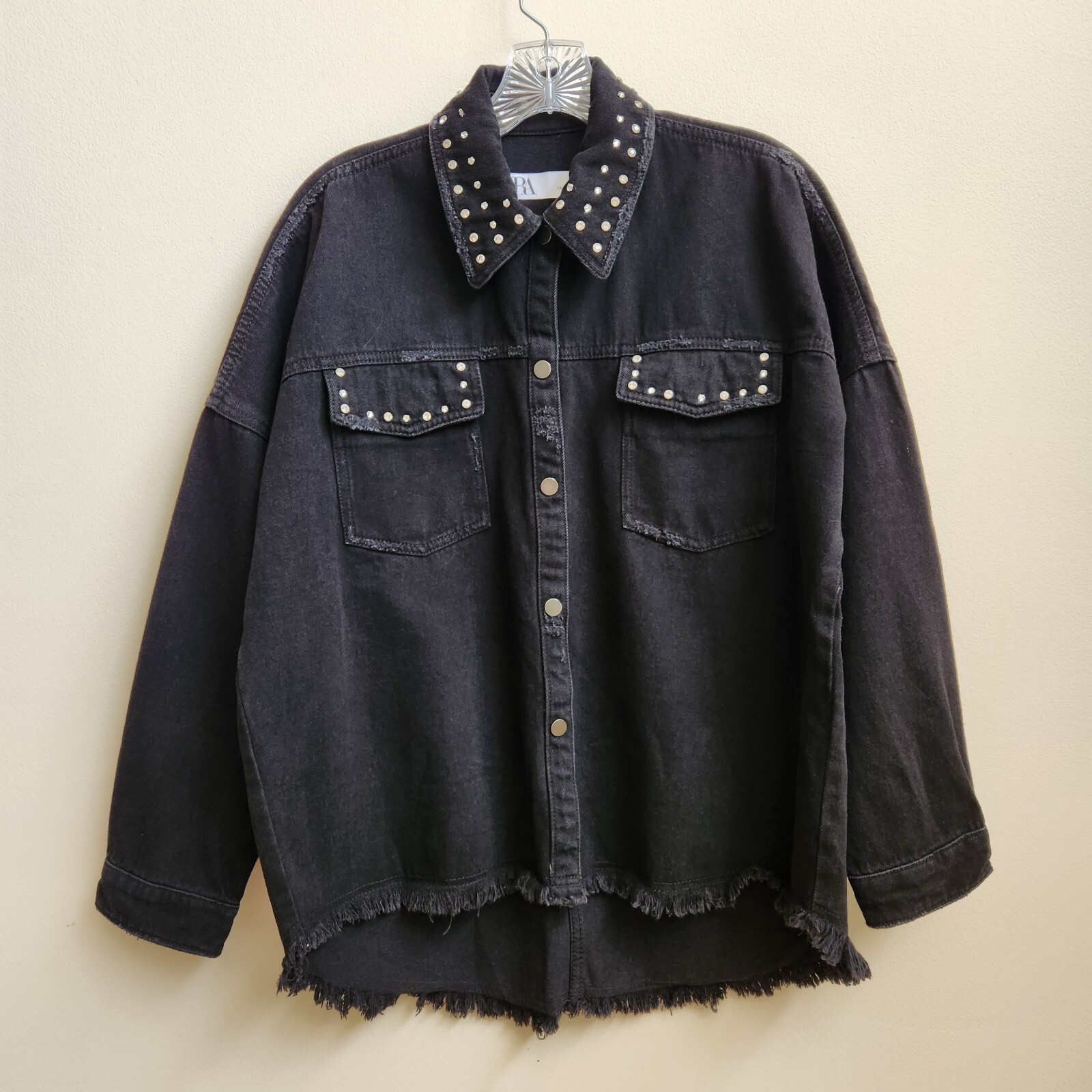 Zara Jacket Womens XS Black Denim Oversized Fringe Rhinestones Grunge Retro Boho