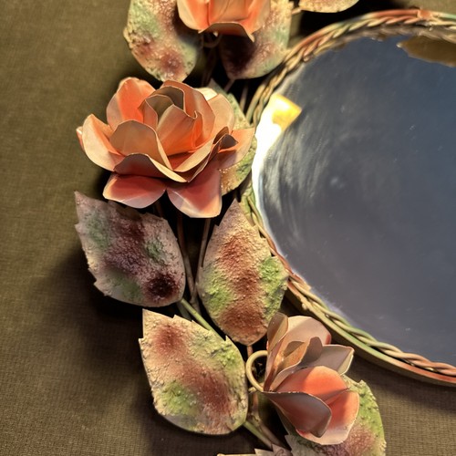 Vintage Italian Tole Metal Floral & Leaf Round Wall Mirror & Frame 27" x 17” - Picture 5 of 19