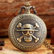 Steampunk Bronze Pirate Skull Unisex Kids Analog Quartz Pocket Watch 80CM Chain