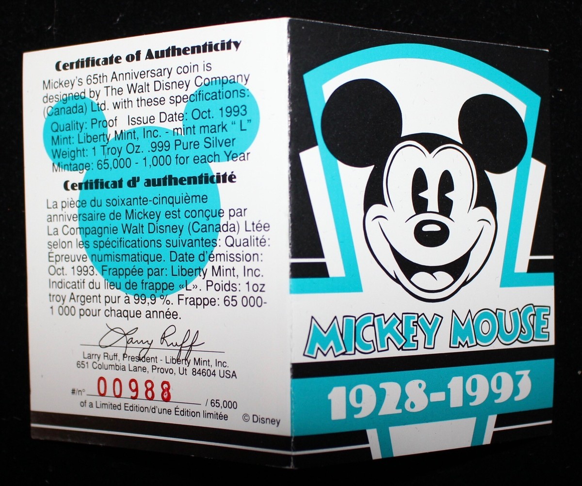 1928-1993 MICKEY MOUSE OZ .999 SILVER - LIBERTY MINT 1928-1993 MICKEY MOUSE OZ .999 SILVER - LIBERTY MINT