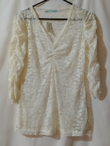 Elfenbein Spitze Top Bluse Medium Lagenlook leicht Maurices Neu mit Etikett