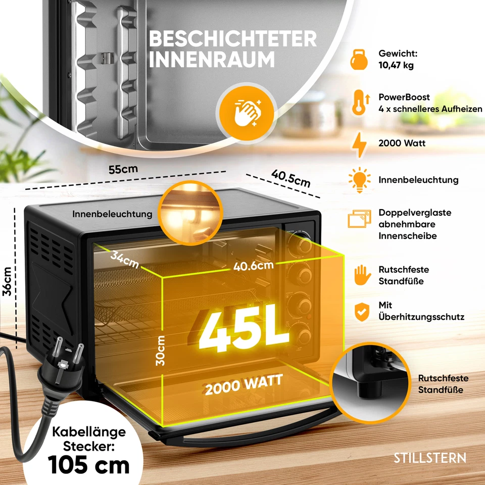 B-Ware Minibackofen mit Umluft 45L Timer Drehspieß Mini Backofen Pizzaofen - Bild 3 von 4