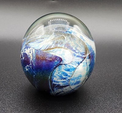 Robert Eickholt Blue Iridescent Abstract Art Glass Paperweight
