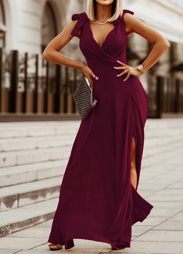 Womens V Neck Lace Up Bow Knot Sleeveless Side Split Long Dress Party Ball Gown