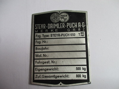 Type Plate Fiat 500 Steyer-Puch 650T 650 T S29 Classic Car