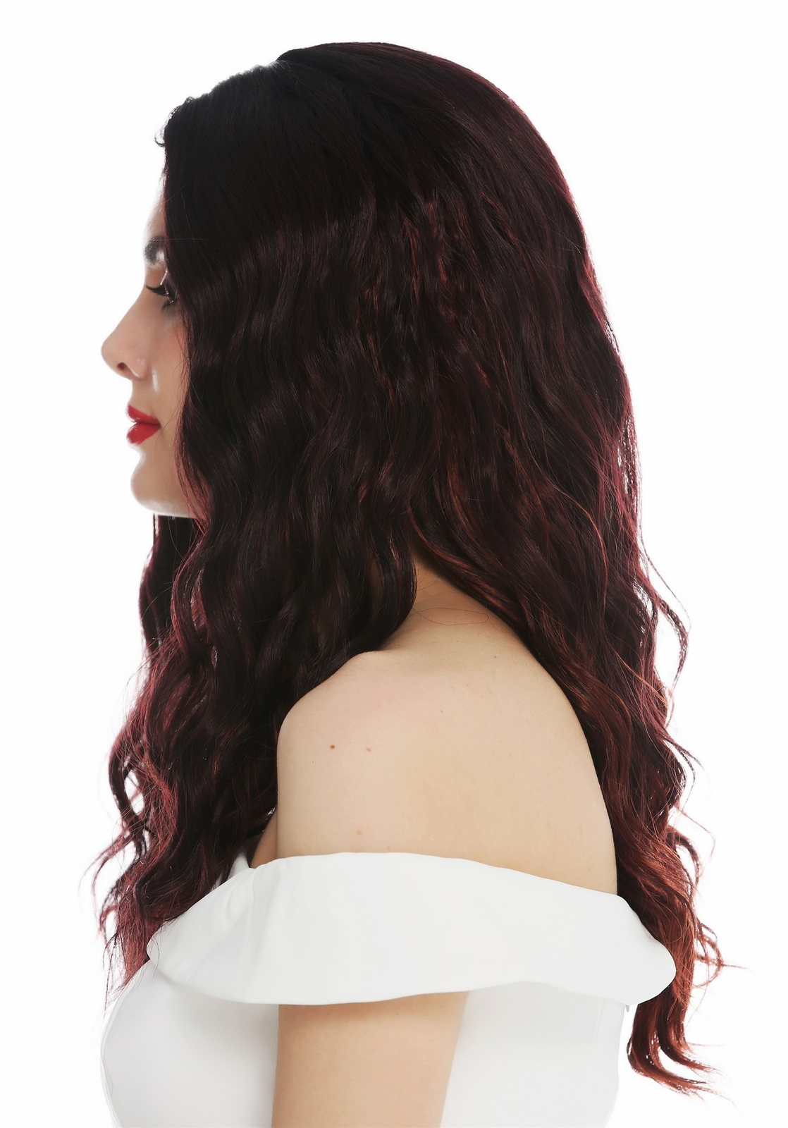 Wig For Women Long Wavy Center Parting Black With Red Highlights