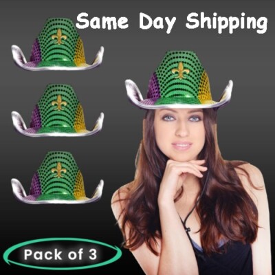 LED Light Up Flashing Mardi Gras Sequin Cowboy Hats - Pack of 3 By Party Glowz