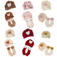 Cute Turban Hat Windproof Spring Fall Beanies Caps Newborn Bonnet Socks for Baby