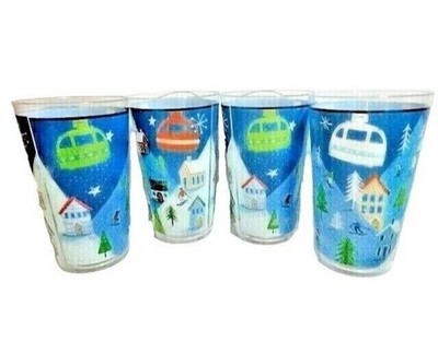 Ski Lodge Acrylic Tumblers Set of 4 Snow Skiing Mountains Trees 19-oz Blue NEW