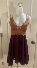 Free People Adella Slip Dress Pink Burgundy Lace Babydoll Boho Ruffles -Size L