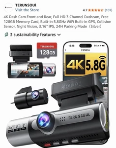 4K Dash Cam Front and Rear, Full HD 3 Channel Dashcam, Free 128GB 