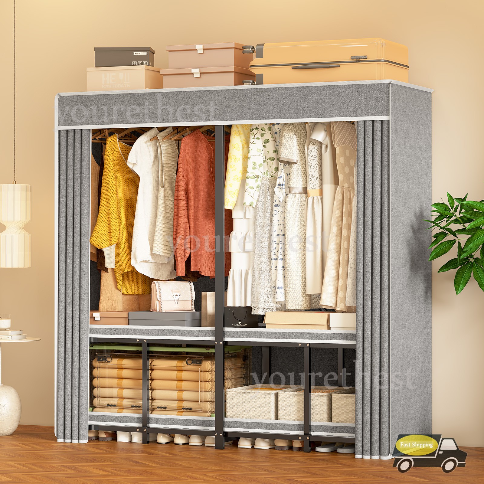 66" Assembled Wardrobe Closet Portable Closet System w/Cover Heavy Duty 3000 Lbs