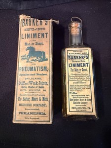 Antique Barker’s Nerve And Joint Liniment In Original Box, Insert and Coupons
