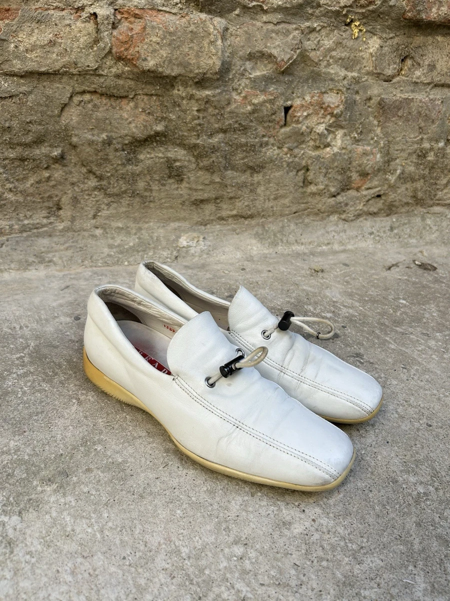 Rare Vintage Prada Sport White Leather Loafers with Toggle Detail