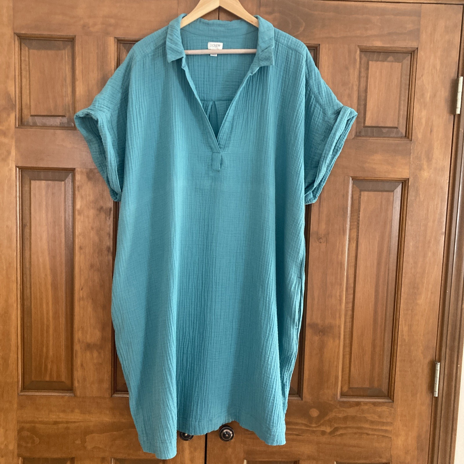 JCrew Women’s Size 3X Plus Blue Cotton Gauze Shift Dress Short Sleeve V-neck