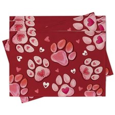 Valentines Day Dog Cat Paw Prints Placemats Set of 4, Pink Red Love Hearts