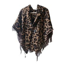 Asymmetrica Boho Fringe Animal Print Wrap/ Shawl/ Cape w Toggle Closure One Size