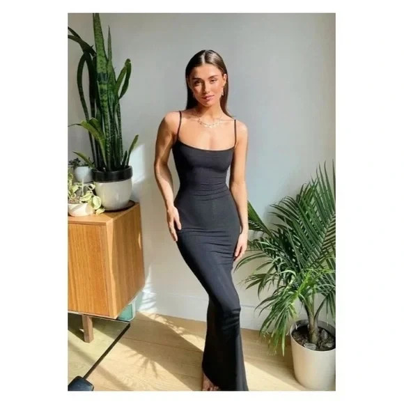 skims grey maxi dress SKIMS Soft Lounge Long Slip Dress