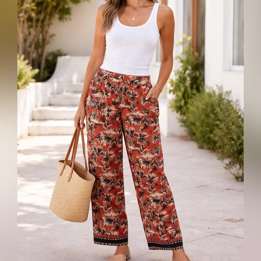 Tahari Women's 100% Linen High-Rise Tropical Print Pants Size Large