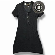 Vintage Fendi Black Viscose Long Dress FF Logo Buttons Henley Neck Women's XL IT