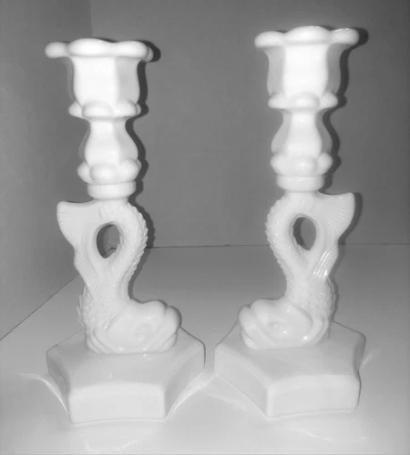 Vintage 9.5" Westmoreland White Milk Glass Koi Fish Candlestick Candleholders