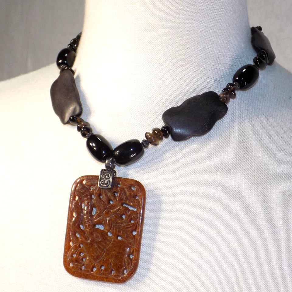 Collar Tallado Elefante Jade Colgante Plata de Ley Negro Jadeíta Vidrio Cuentas Foto 3 de 4