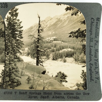 Alberta Banff Springs Hotel Stereoview 1920s Canada Bow River Winter Snow G248