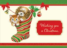 Kitten and Puppy in Stocking Cat and Dog Designer Greetings Christmas Card