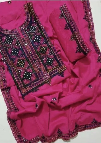 HAND EMB BALOCHI 3Pcs MIRROR WORK LENEN SUIT. UNSTITCHED. ROSEWOOD - Picture 9 of 11