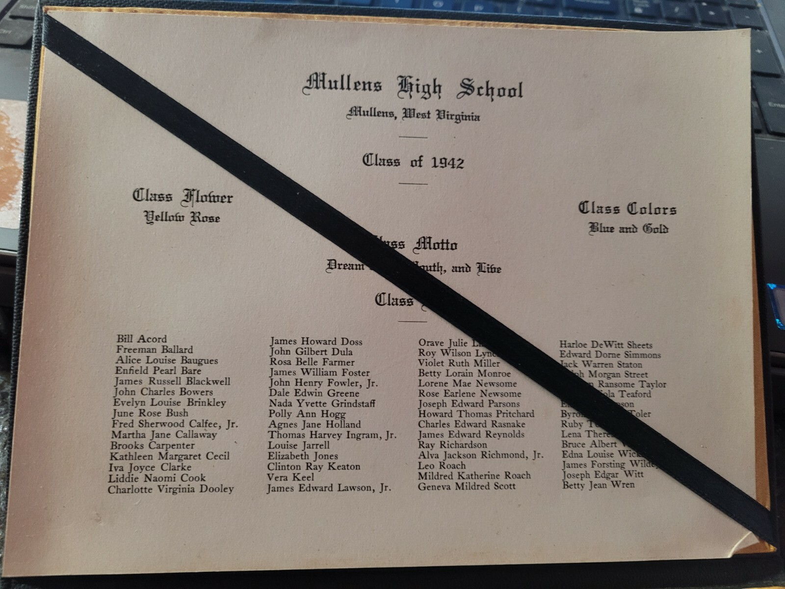 MULLENS WV HIGH SCHOOL DIPLOMA 1942 "LIDDIE COOK" WYOMING COUNTY FAMILY