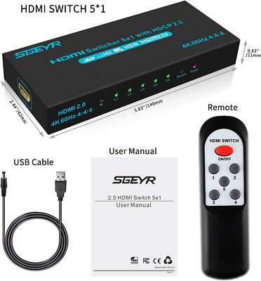 SGEYR 4K@60Hz 5x1 HDMI Selector Switch 5 Port HDR IR Remote 4K HD NEW BOXED