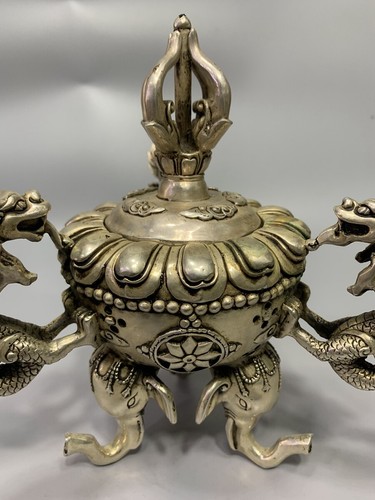 Exquisite Old Chinese tibet silver Handmade three dragon ears Incense burner - Picture 8 of 11