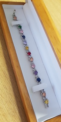 Weißgold Finish mehrfarbig Kreierte Edelsteine Tennisarmband Geschenkbox