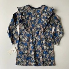 Tea Collection Floral Blue Girl Cotton Long Sleeve Ruffle Shoulder Dress Size 16