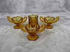 Central Salt Cellar Dip & Toothpick Holder Set Amber Glass Trophy Vintage 4 Pcs