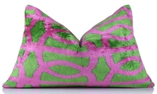 Handmade Pink & Green Ikat Velvet Throw Pillow – 16x24 Luxury Accent