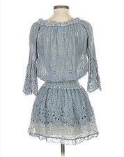 Temptation Positano Dress Blue Lace Eyelet Off Shoulder Ruffle Mini Size XS
