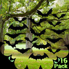 Hanging Bats Halloween Decorations Outdoor - 16 Pack Glowing Eyes Large Flying B