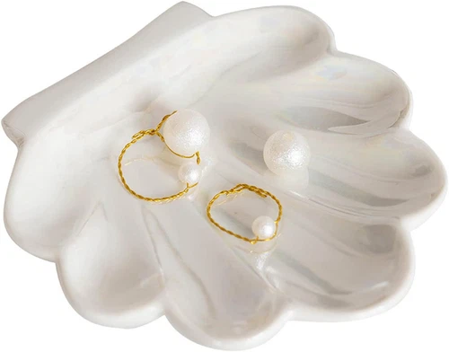 Shell Trinket Dish, Ceramic Ring Holder/Jewelry Tray, Cute Organizer White - Afbeelding 1 van 7