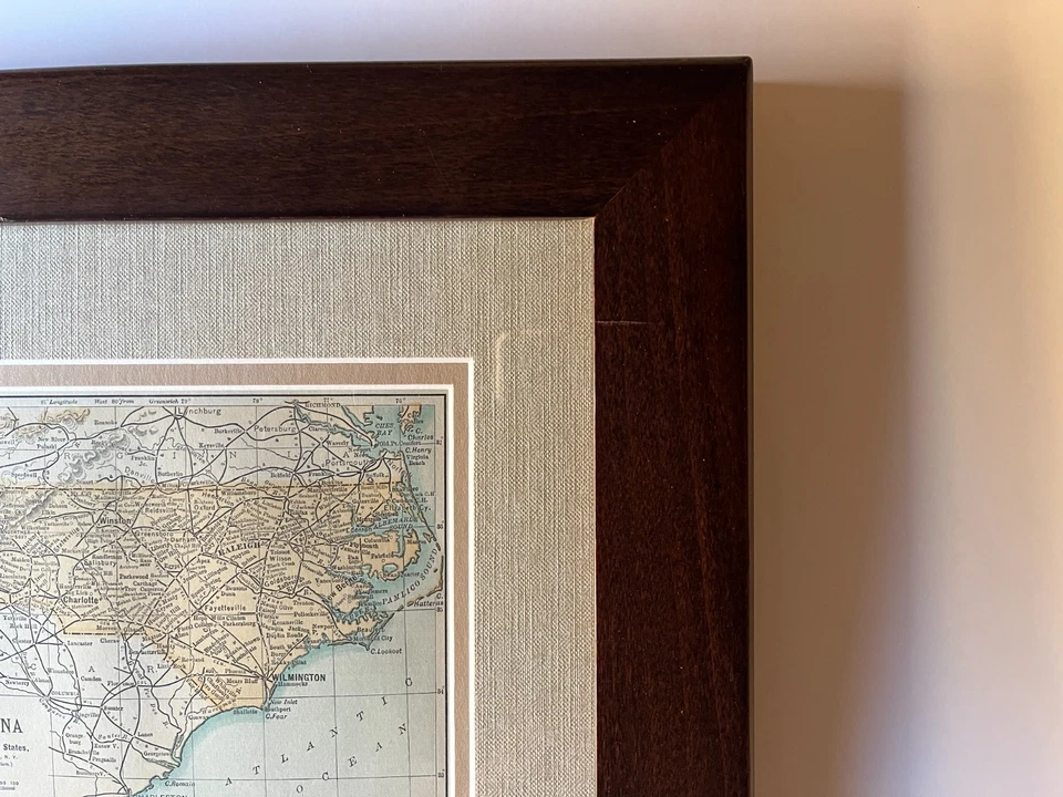 "Медная" карта 1891 NORTH CAROLINA от Matthews-Northrup Co рама/коврик СМ. ОПИСАНИЕ - Изображение 2 из 3