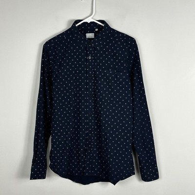 7Diamonds Navy Blue Printed Long Sleeve Dress Shirt Mens Sz Medium Cotton Blend