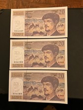 3 x 20 France Francs Banknotes 1993 UNC. Consecutive Serial Nos