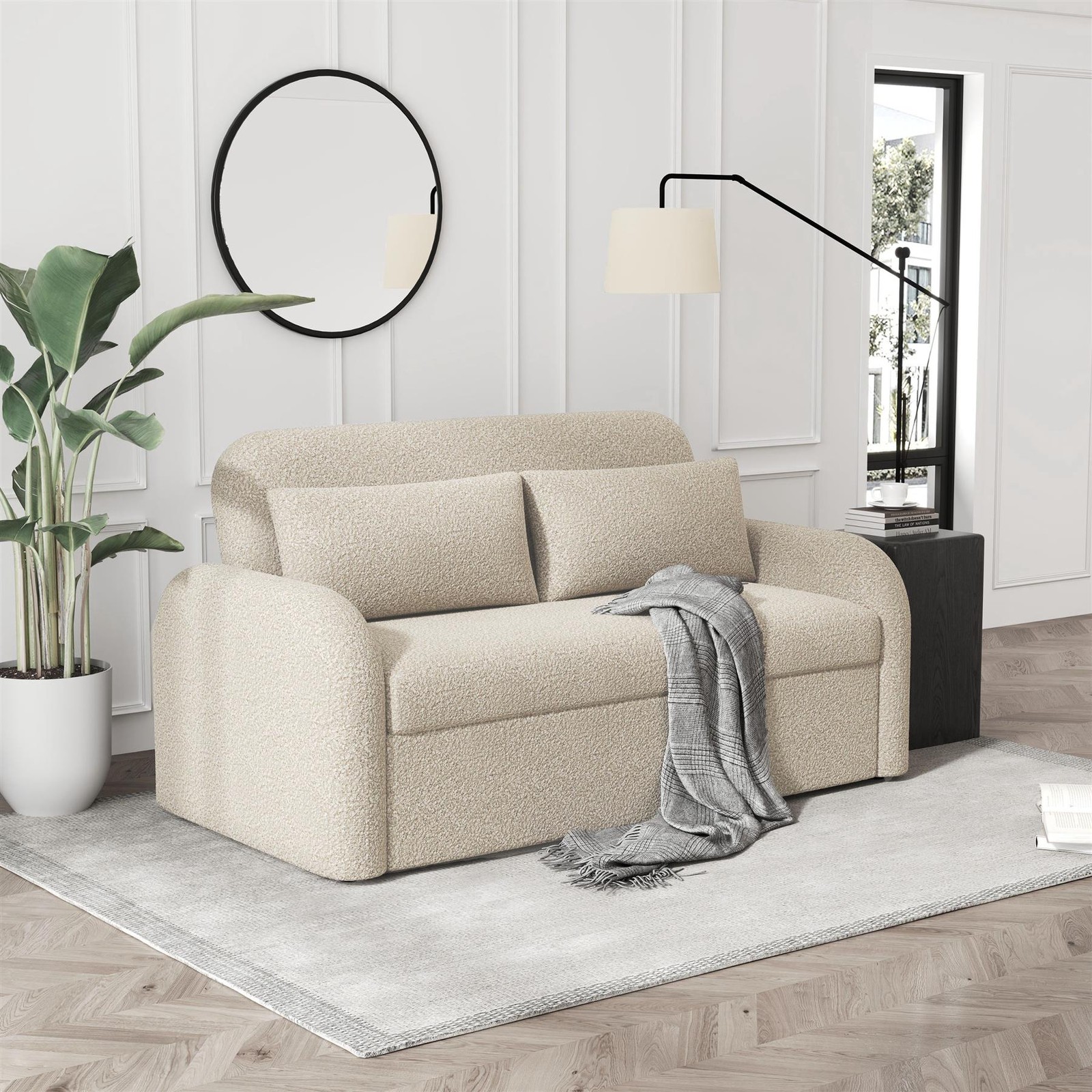 NOMA Beige 2-Seater Boucle Pull Out Sofa Bed with Cushions - Image 3