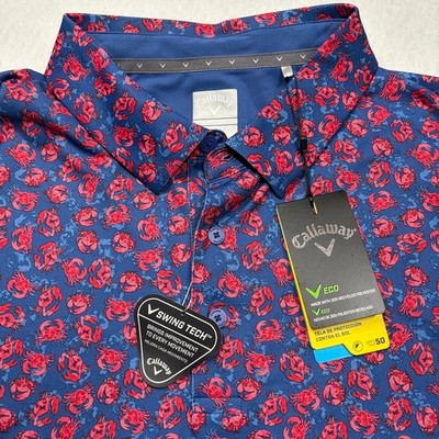 NWT Callaway Men s 2X Polo Golf Shirt / Navy Blue w/ Red Crab Print Design $94