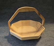 New Versatile Handcrafted Collapsible Round Wooden Basket Bowl Trivet, 8.75" Dia