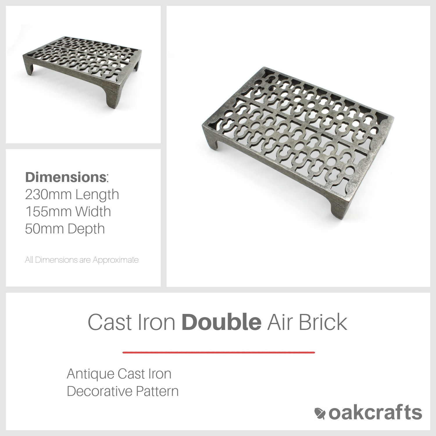 Oakcrafts - Antique Cast Iron Double Air Brick - 230mm x 155mm - Image 2